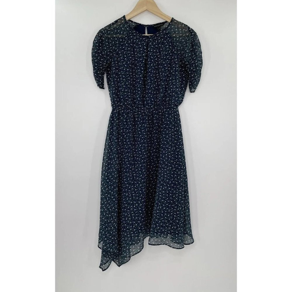 Banana‎ Republic Women’s Asymmetrical Microfloral Blue Midi Lined Dress Size 0